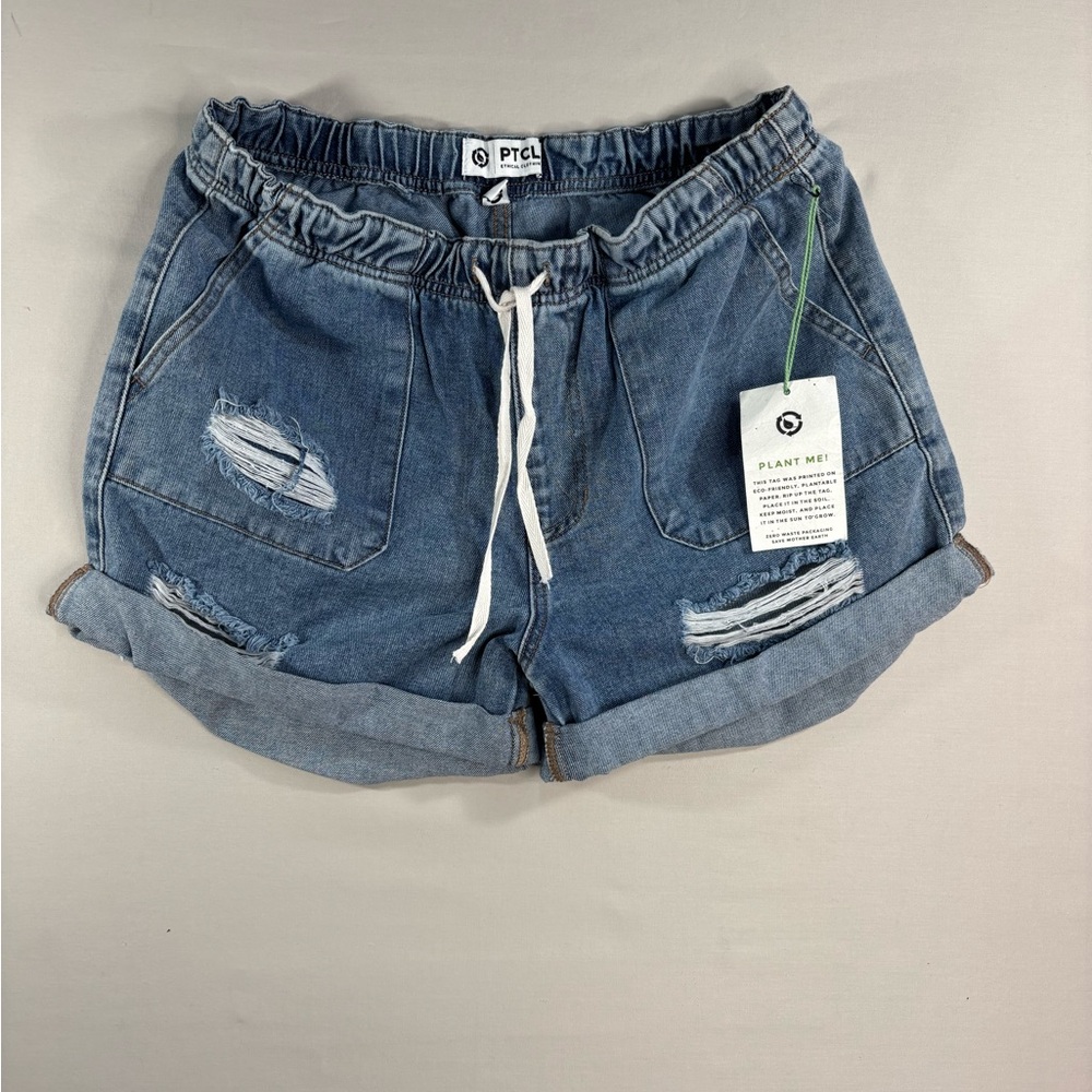 TCL Medium Blue Denim Ripped Drawstring Women's Shorts